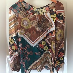 NWT M Made in Italy Silk Floral Brown & Yellow Long Sleeve semi-sheer Top Large